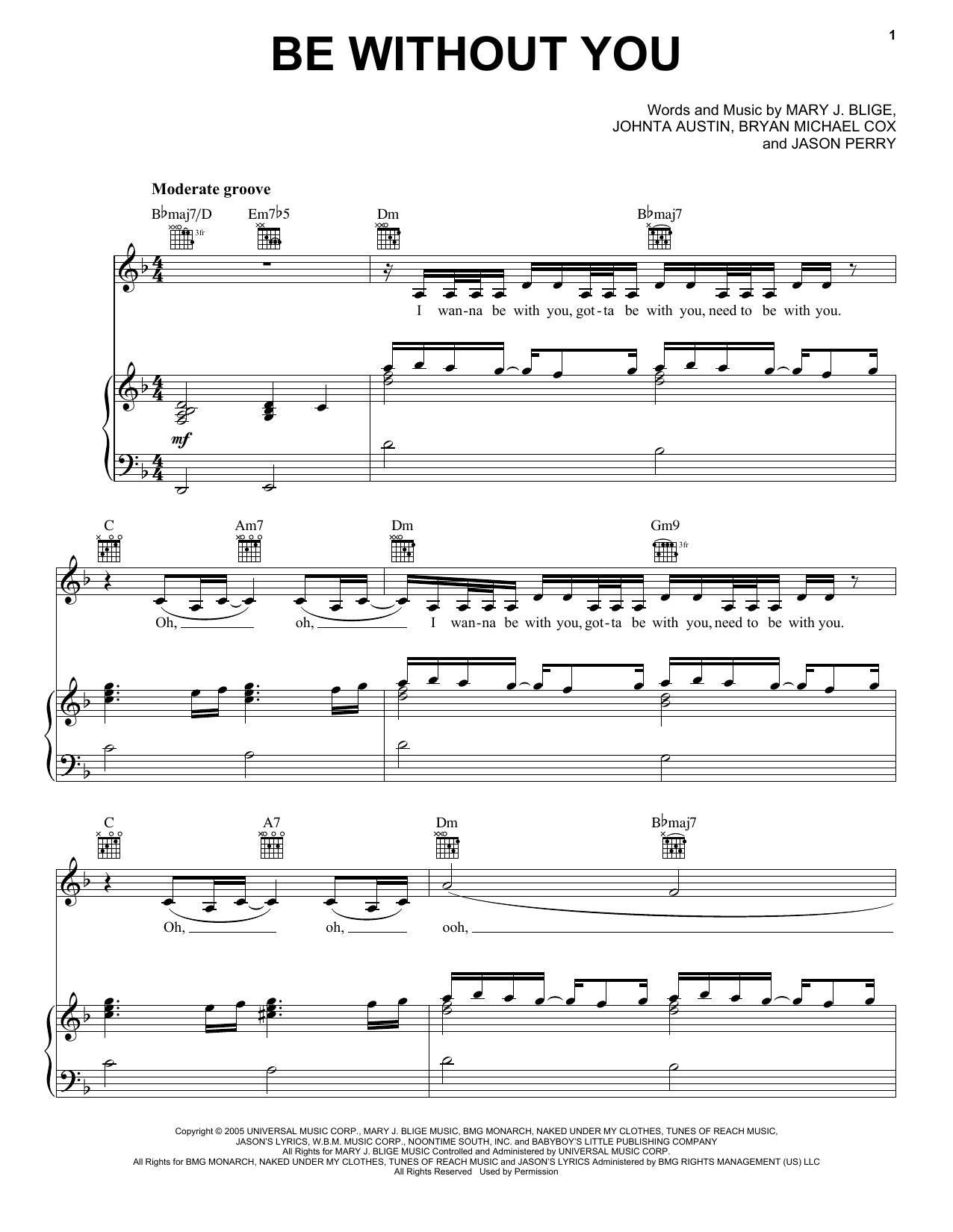 Mary J. Blige Be Without You sheet music notes and chords arranged for Piano, Vocal & Guitar Chords