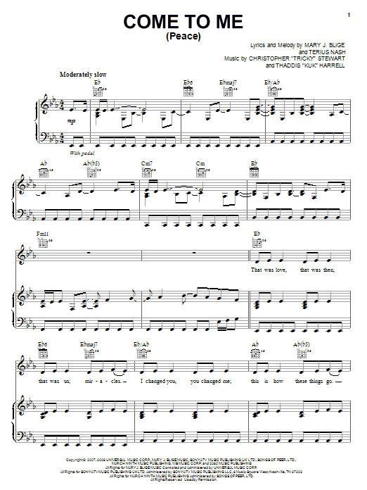 Mary J. Blige Come To Me (Peace) sheet music notes and chords arranged for Piano, Vocal & Guitar Chords (Right-Hand Melody)