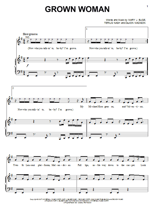 Mary J. Blige Grown Woman sheet music notes and chords arranged for Piano, Vocal & Guitar Chords (Right-Hand Melody)