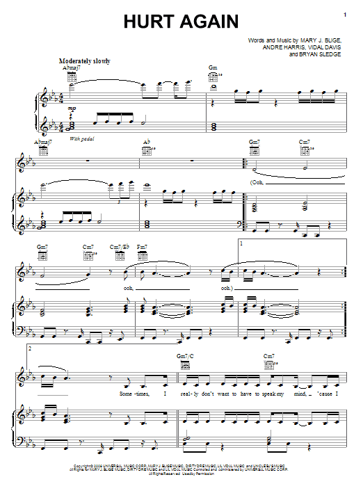 Mary J. Blige Hurt Again sheet music notes and chords arranged for Piano, Vocal & Guitar Chords (Right-Hand Melody)
