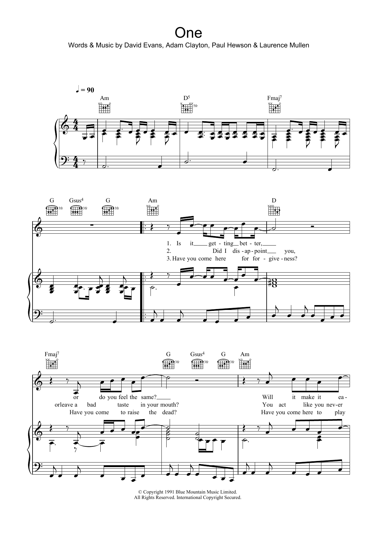 Mary J. Blige One sheet music notes and chords arranged for Piano, Vocal & Guitar Chords