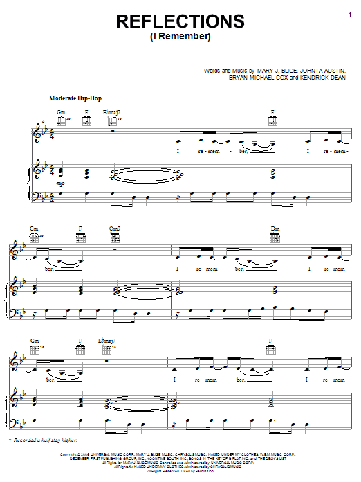 Mary J. Blige Reflections (I Remember) sheet music notes and chords arranged for Piano, Vocal & Guitar Chords (Right-Hand Melody)