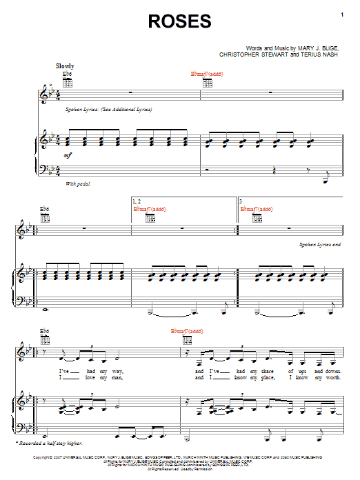 Mary J. Blige Roses sheet music notes and chords arranged for Piano, Vocal & Guitar Chords (Right-Hand Melody)
