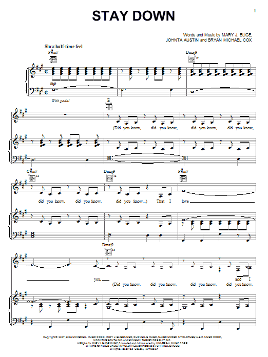 Mary J. Blige Stay Down sheet music notes and chords arranged for Piano, Vocal & Guitar Chords (Right-Hand Melody)
