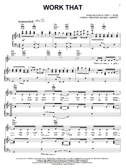 Mary J. Blige Work That sheet music notes and chords arranged for Piano, Vocal & Guitar Chords (Right-Hand Melody)