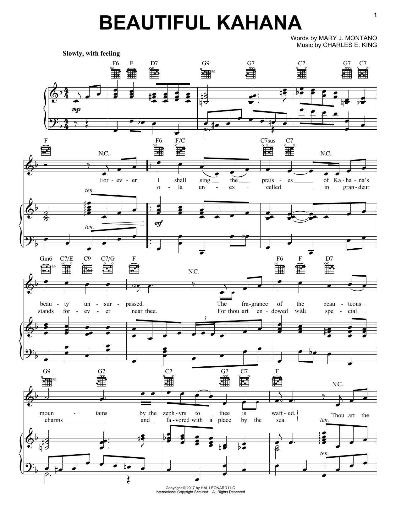 Mary J. Montano Beautiful Kahana sheet music notes and chords arranged for Piano, Vocal & Guitar Chords (Right-Hand Melody)
