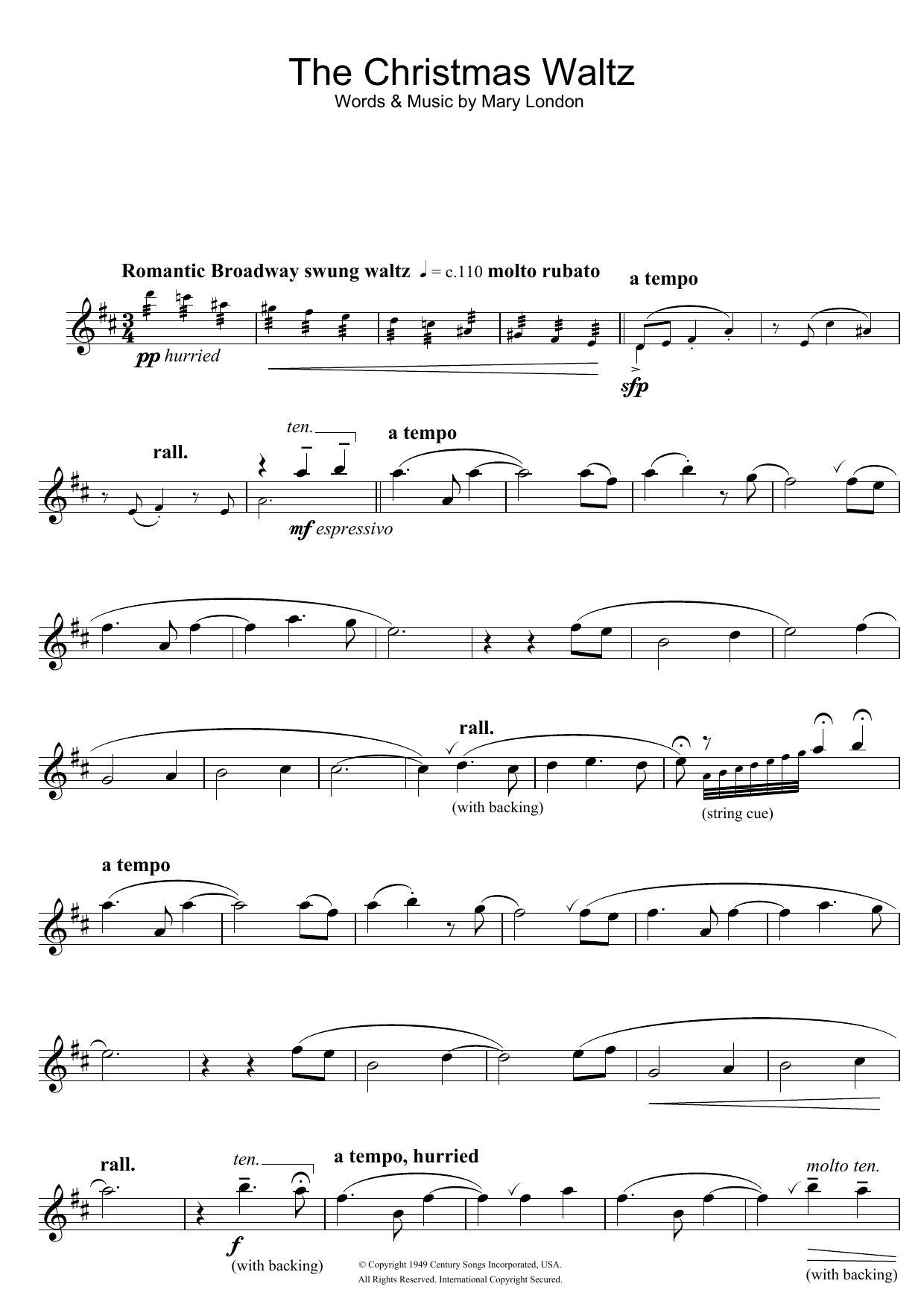 Mary London The Christmas Waltz sheet music notes and chords arranged for Clarinet Solo