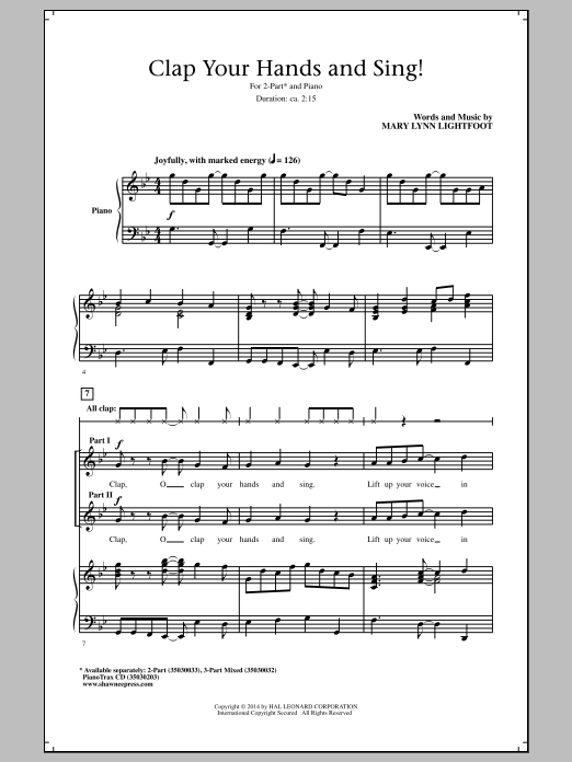 Mary Lynn Lightfoot Clap Your Hands And Sing! sheet music notes and chords arranged for SATB Choir