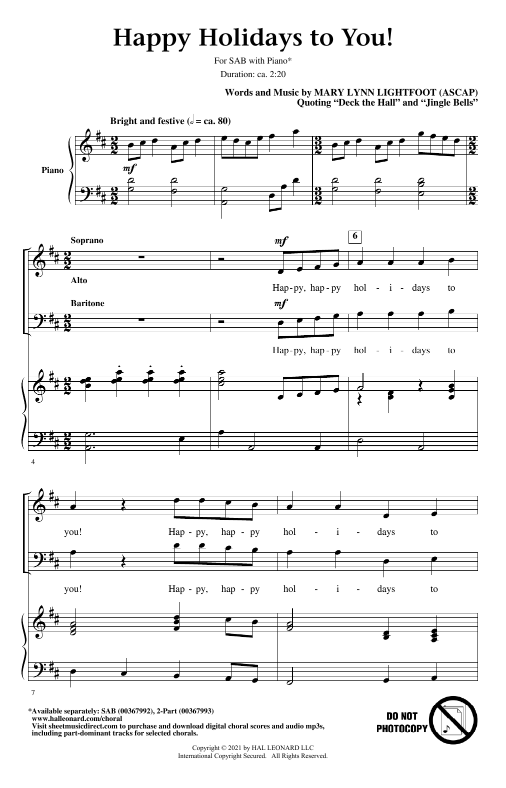 Mary Lynn Lightfoot Happy Holidays To You! sheet music notes and chords arranged for SAB Choir