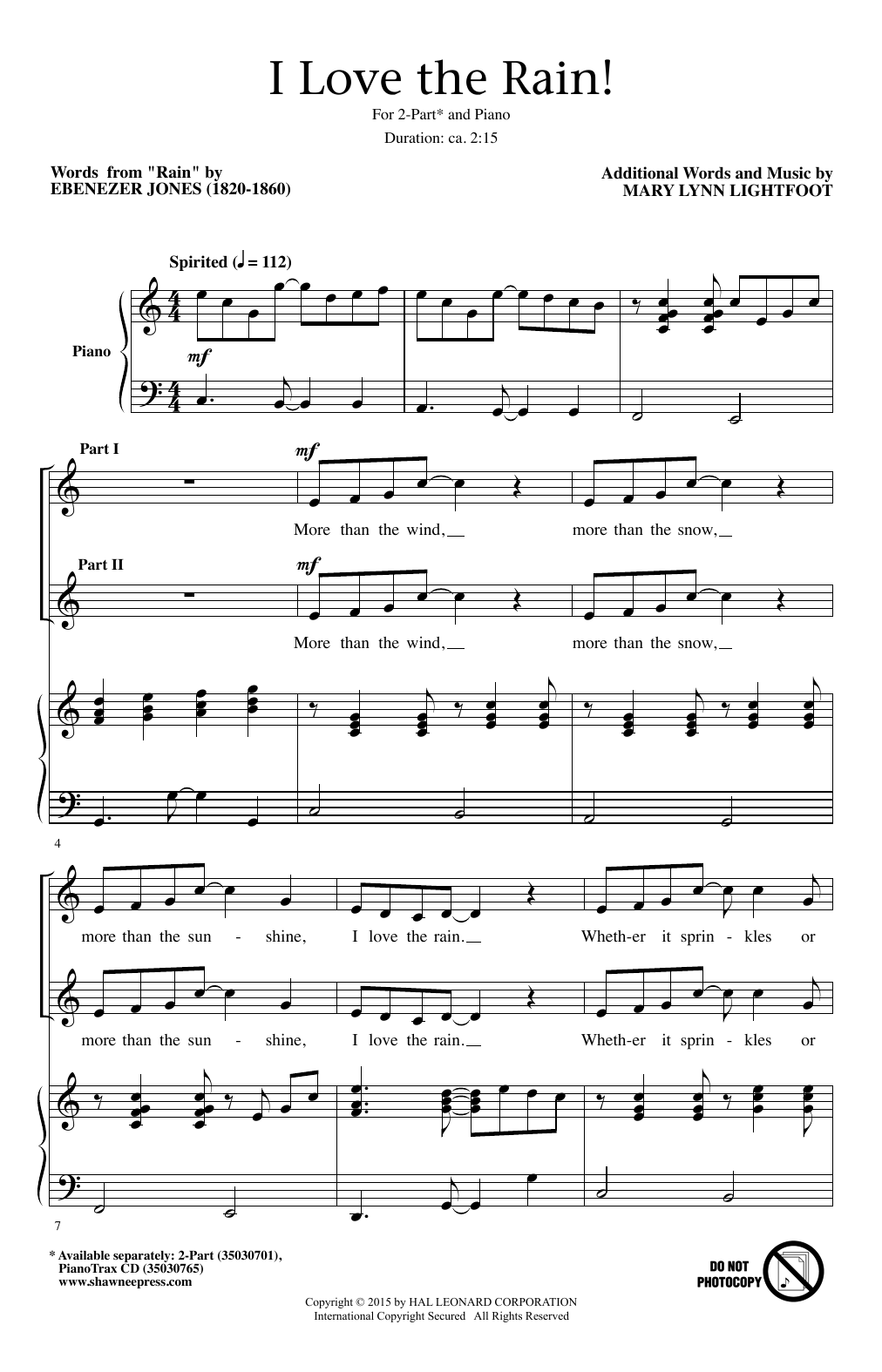 Mary Lynn Lightfoot I Love The Rain! sheet music notes and chords arranged for 2-Part Choir