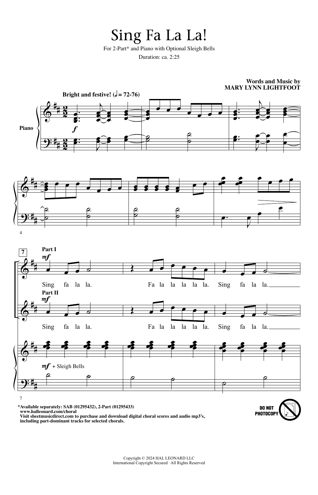 Mary Lynn Lightfoot Sing Fa La La! sheet music notes and chords arranged for 2-Part Choir