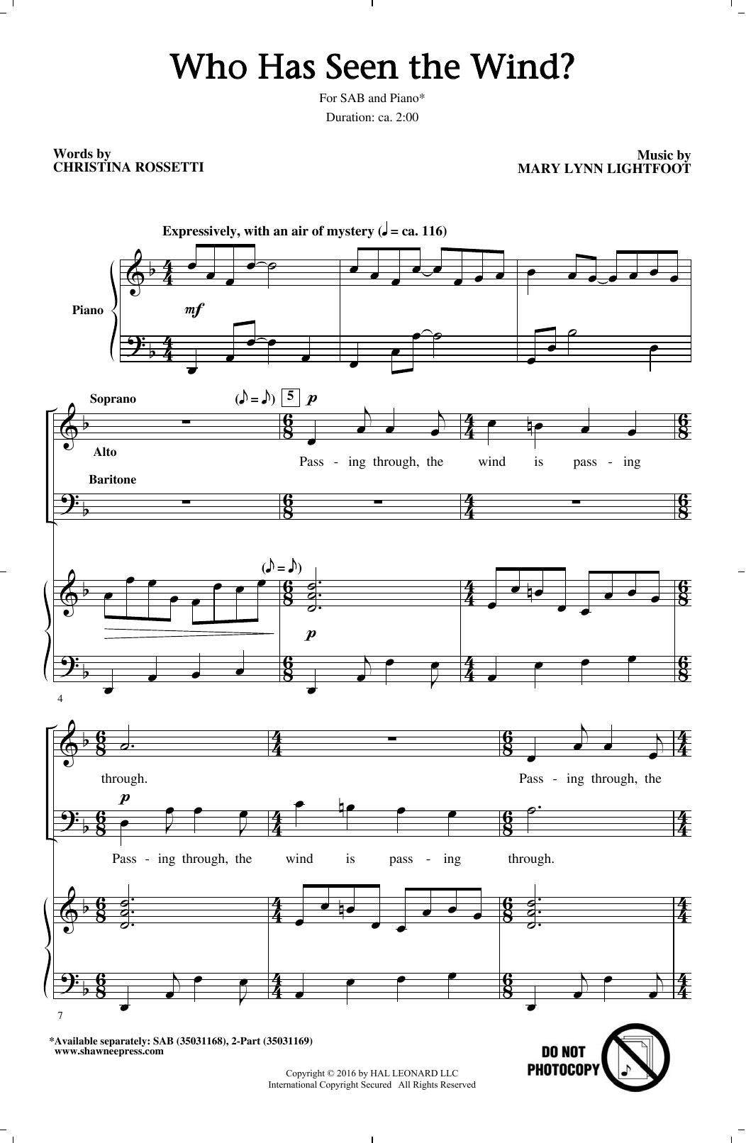 Mary Lynn Lightfoot Who Has Seen The Wind? sheet music notes and chords arranged for 2-Part Choir