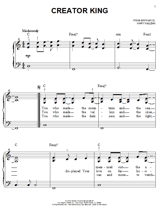 Mary Maclean Creator King sheet music notes and chords arranged for Easy Piano
