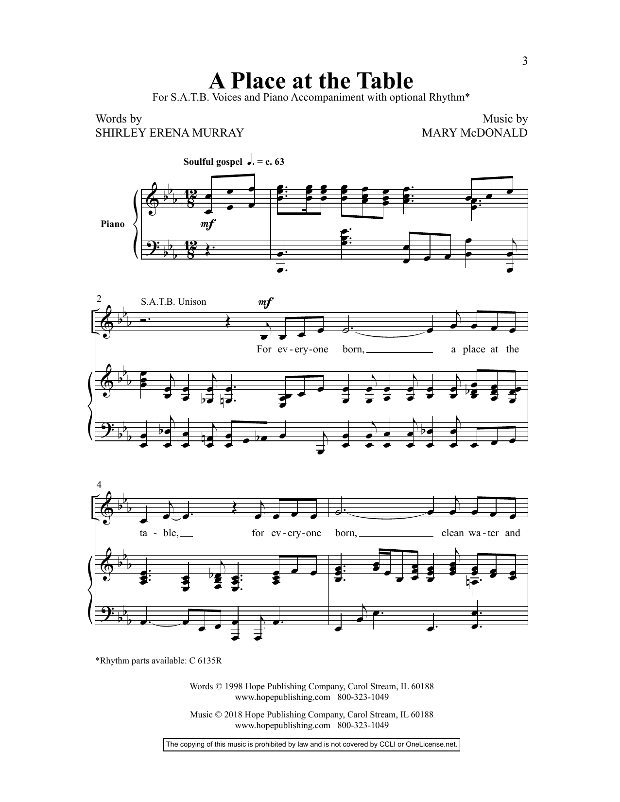 Mary McDonald A Place At The Table sheet music notes and chords arranged for SATB Choir