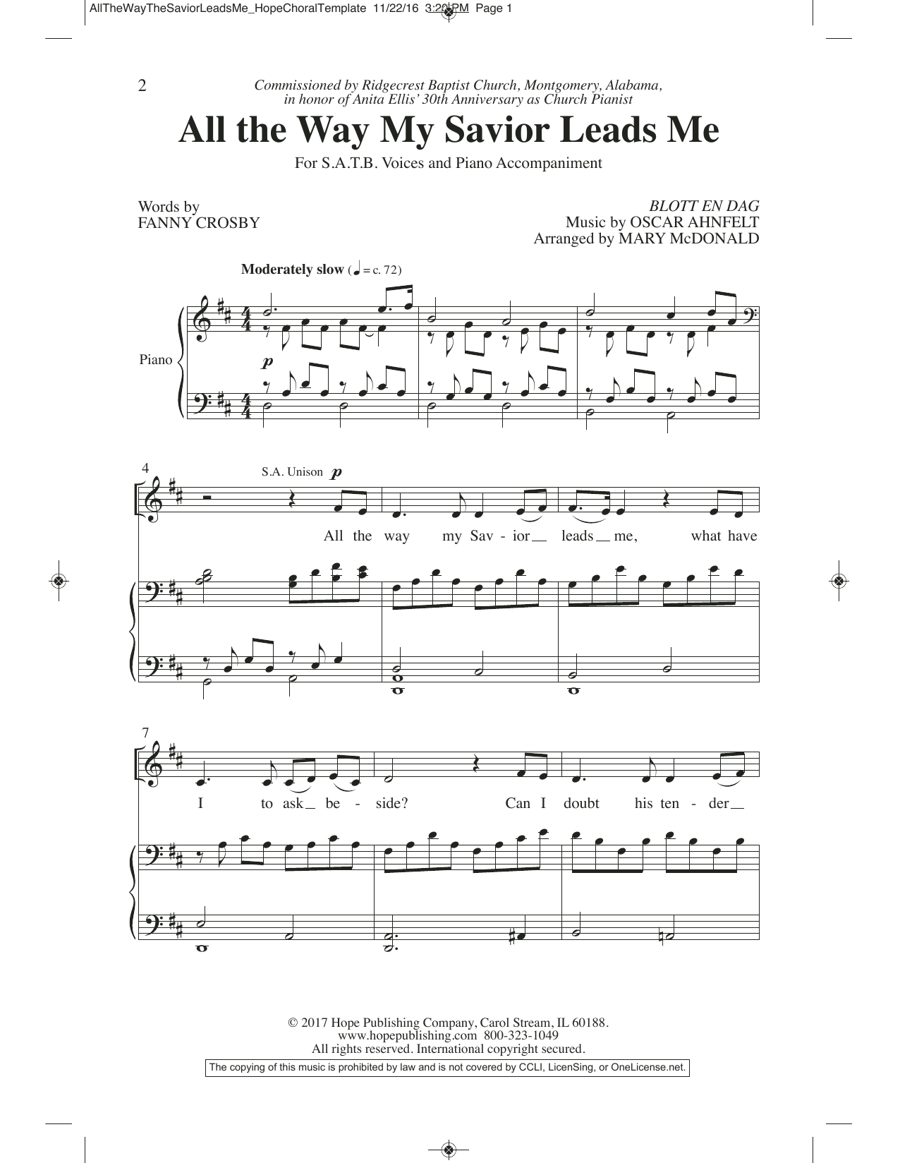 Mary McDonald All the Way My Savior Leads Me sheet music notes and chords arranged for SATB Choir