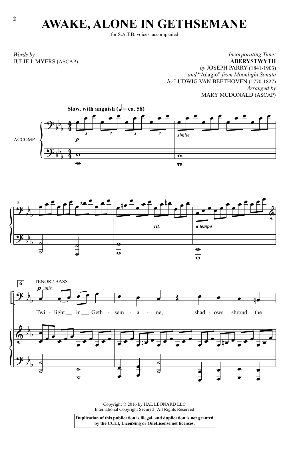 Mary McDonald Awake, Alone In Gethsemane sheet music notes and chords arranged for SATB Choir