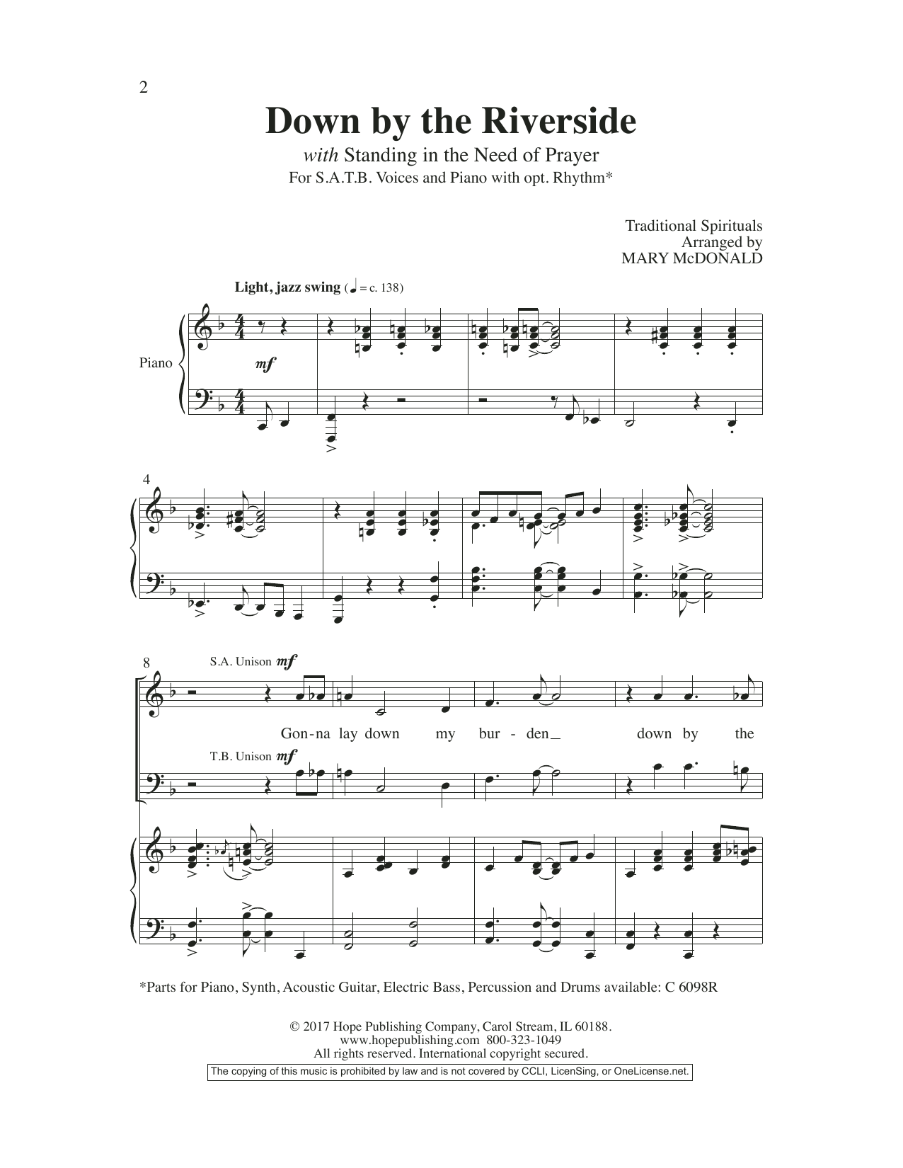 Mary McDonald Down by the Riverside sheet music notes and chords arranged for SATB Choir
