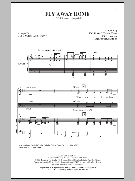 Mary McDonald Fly Away Home sheet music notes and chords arranged for SATB Choir