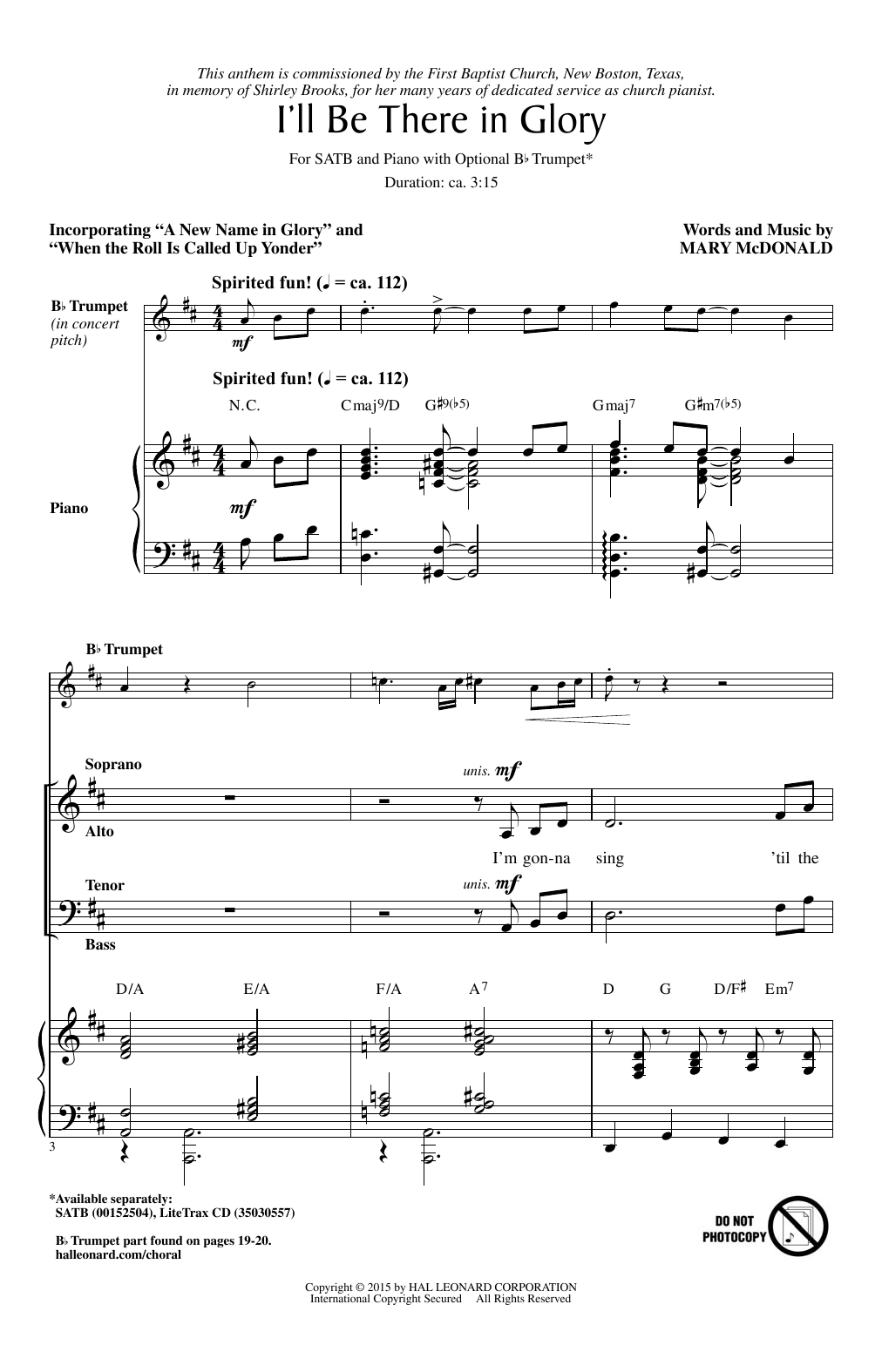 Mary McDonald I'll Be There In Glory sheet music notes and chords arranged for TTBB Choir