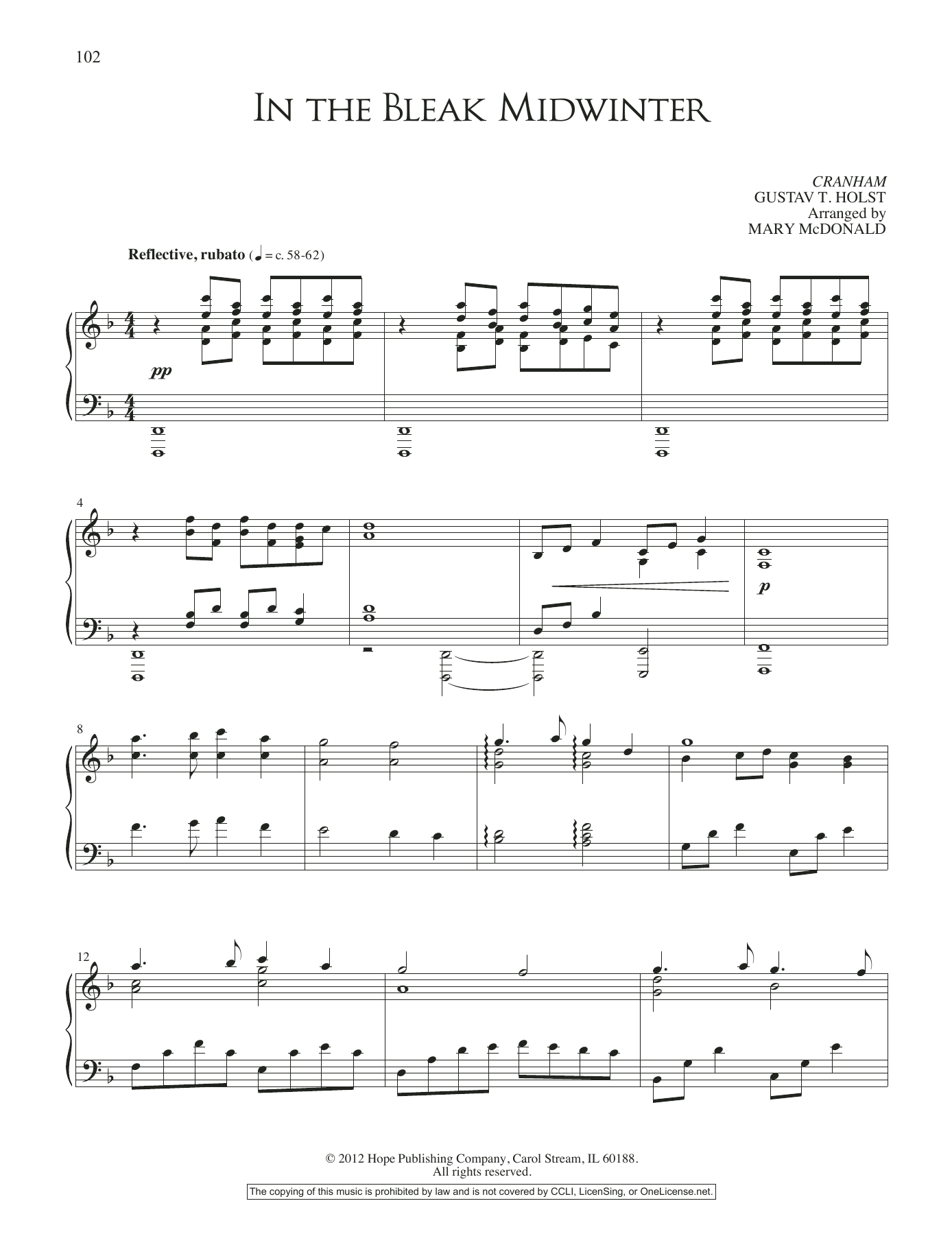Mary McDonald In The Bleak Midwinter sheet music notes and chords arranged for Piano Solo