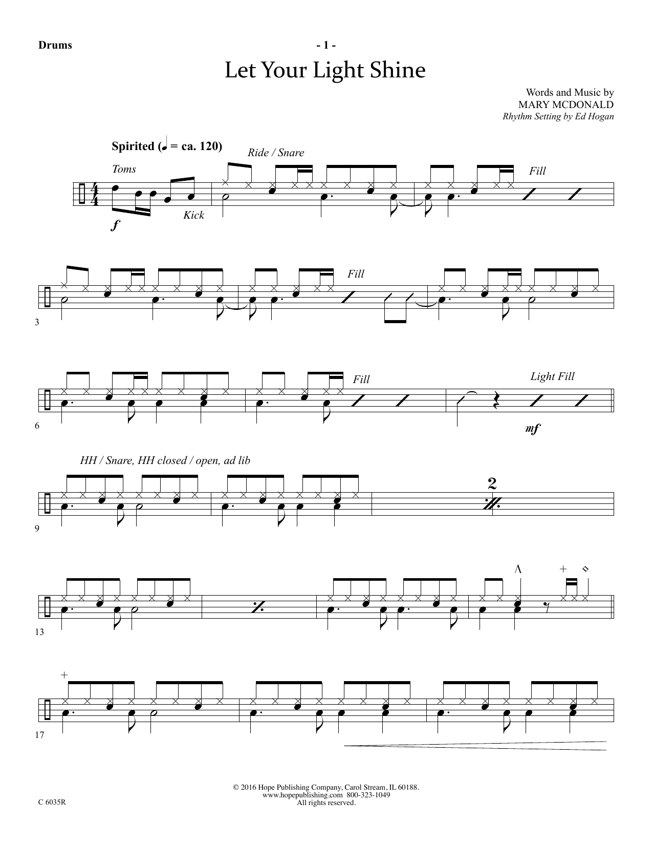 Mary McDonald Let Your Light Shine - Drums sheet music notes and chords arranged for Choir Instrumental Pak