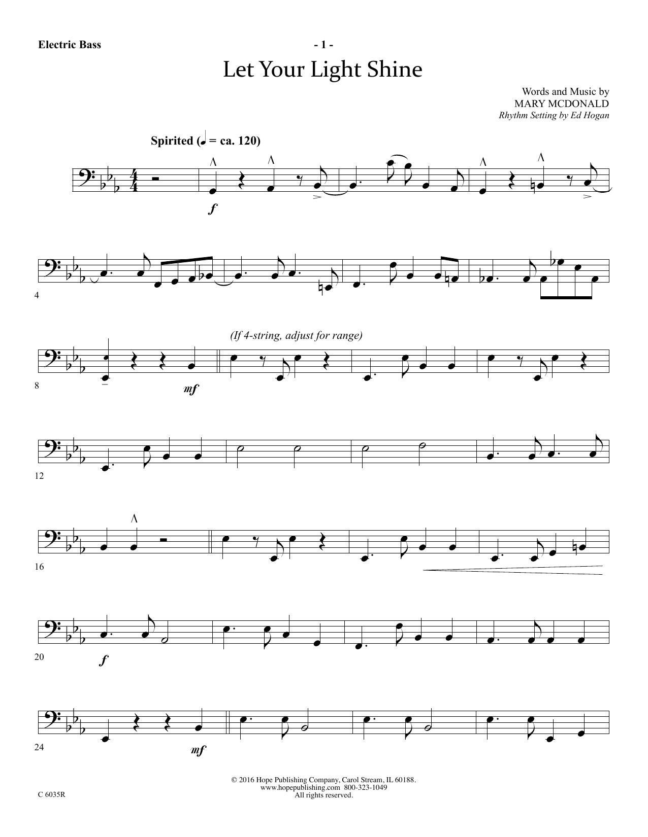 Mary McDonald Let Your Light Shine - Electric Bass sheet music notes and chords arranged for Choir Instrumental Pak