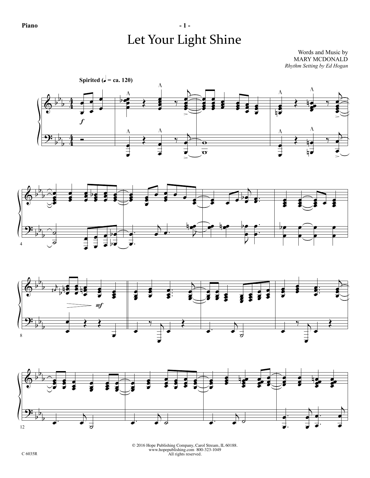 Mary McDonald Let Your Light Shine - Piano sheet music notes and chords arranged for Choir Instrumental Pak