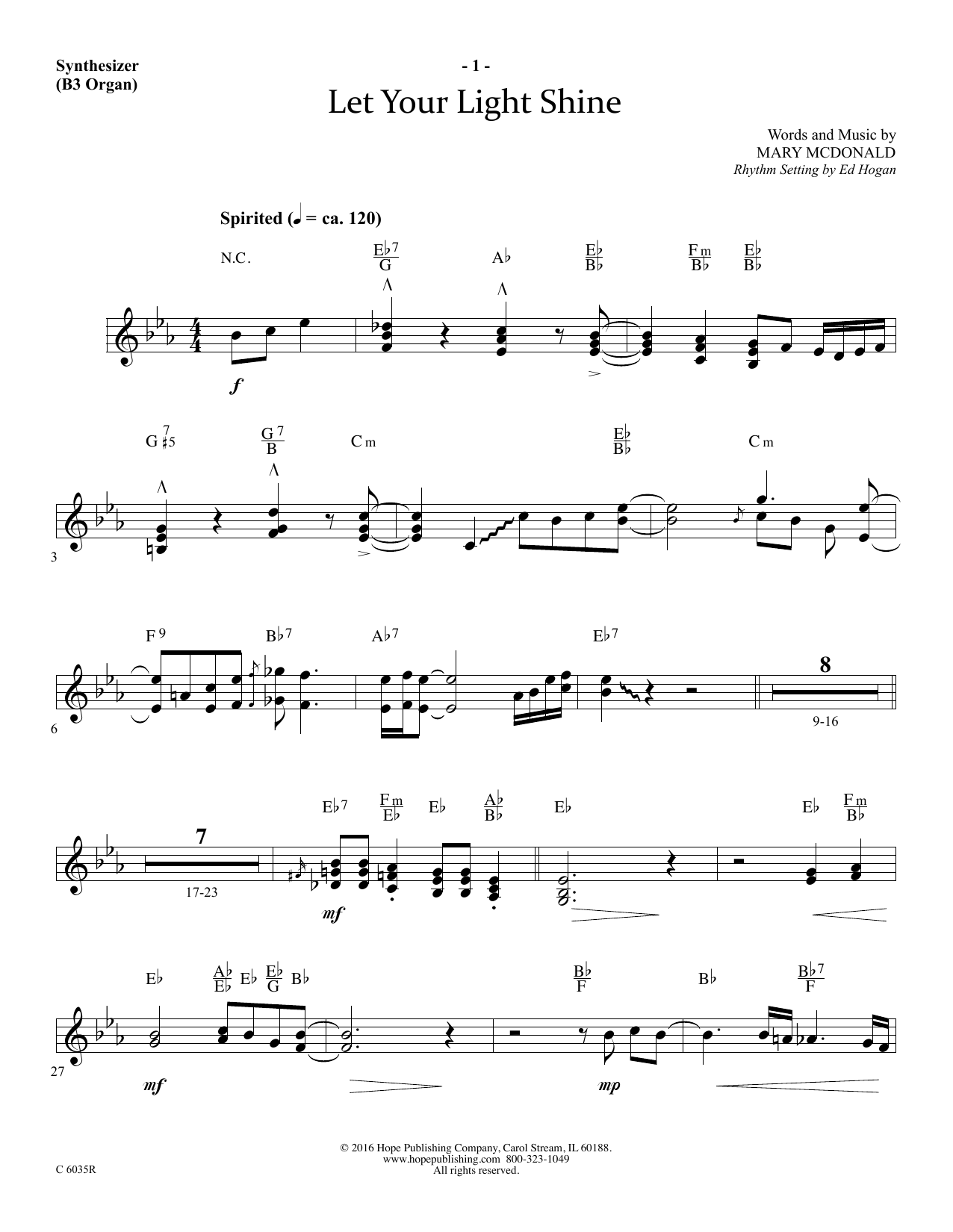 Mary McDonald Let Your Light Shine - Synthesizer sheet music notes and chords arranged for Choir Instrumental Pak