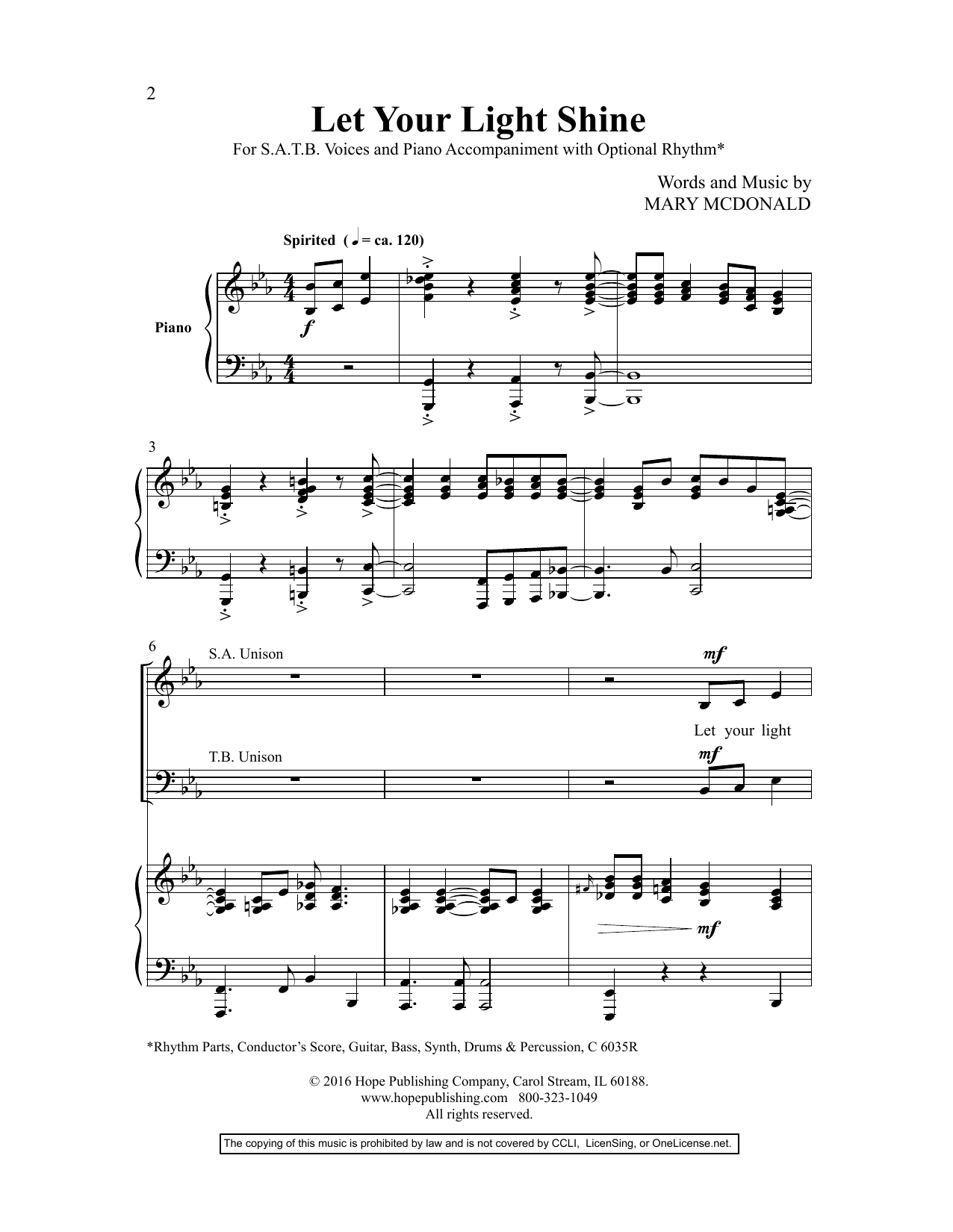 Mary McDonald Let Your Light Shine sheet music notes and chords arranged for SATB Choir