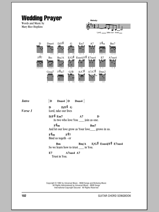 Mary Rice Hopkins Wedding Prayer sheet music notes and chords arranged for Piano, Vocal & Guitar Chords (Right-Hand Melody)