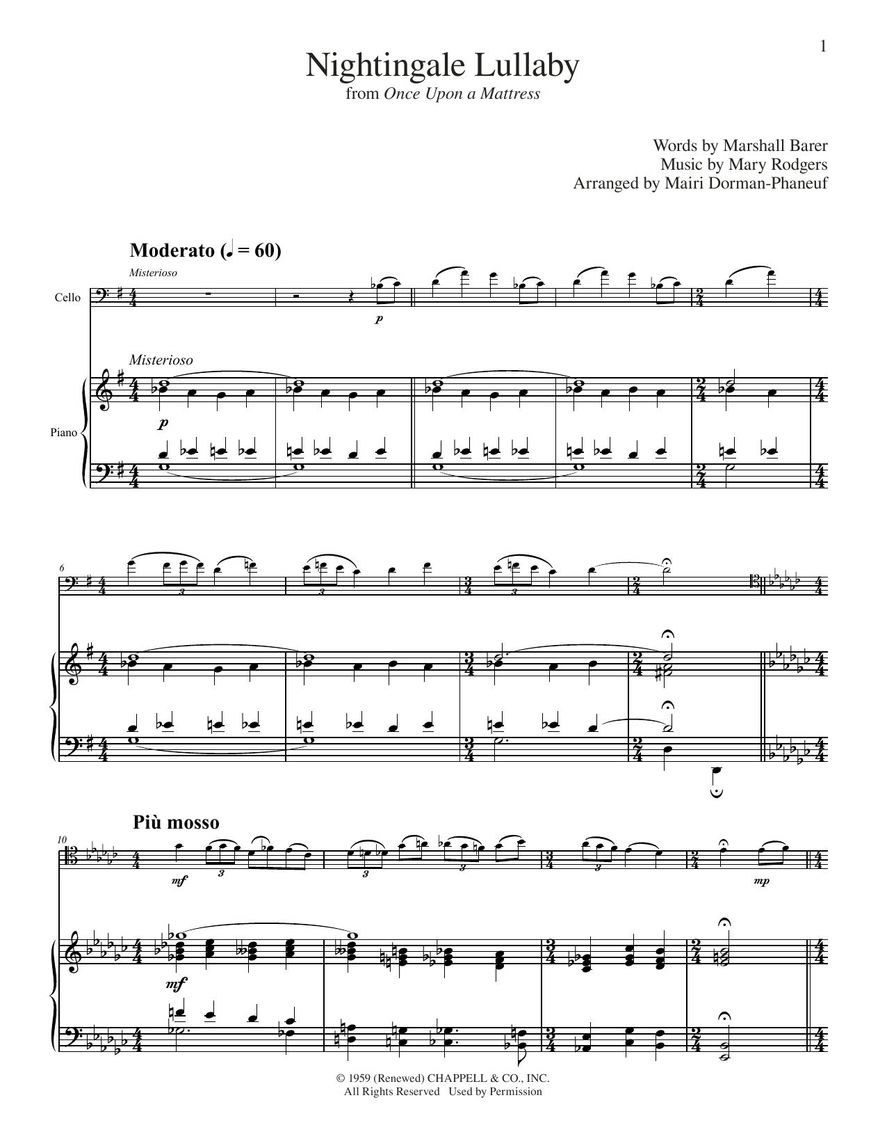 Mary Rodgers Nightingale Lullaby (from Once Upon A Mattress) (arr. Mairi Dorman-Phaneuf) sheet music notes and chords arranged for Cello and Piano