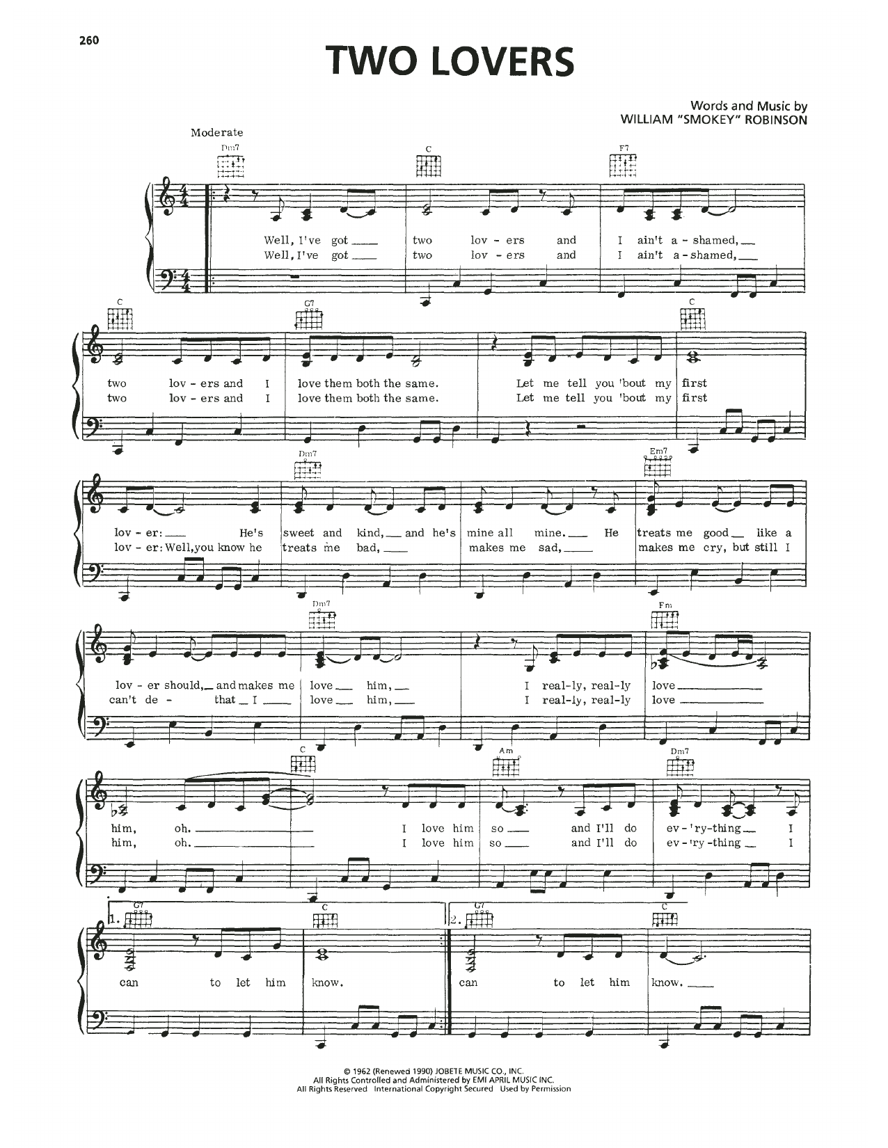 Mary Wells Two Lovers sheet music notes and chords arranged for Piano, Vocal & Guitar Chords (Right-Hand Melody)