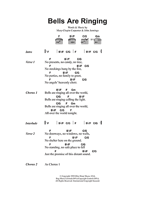 Mary Chapin Carpenter Bells Are Ringing sheet music notes and chords arranged for Guitar Chords/Lyrics
