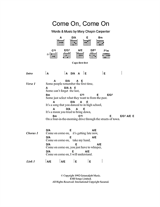 Mary Chapin Carpenter Come On Come On sheet music notes and chords arranged for Guitar Chords/Lyrics