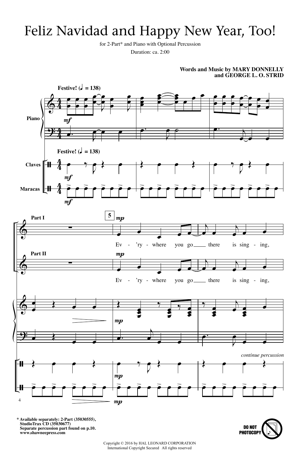 Mary Donnelly Feliz Navidad And Happy New Year, Too! sheet music notes and chords arranged for 2-Part Choir