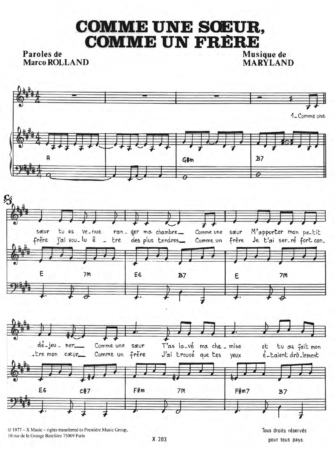 Maryland Comme Une Soeur Comme Un Frere sheet music notes and chords arranged for Piano & Vocal