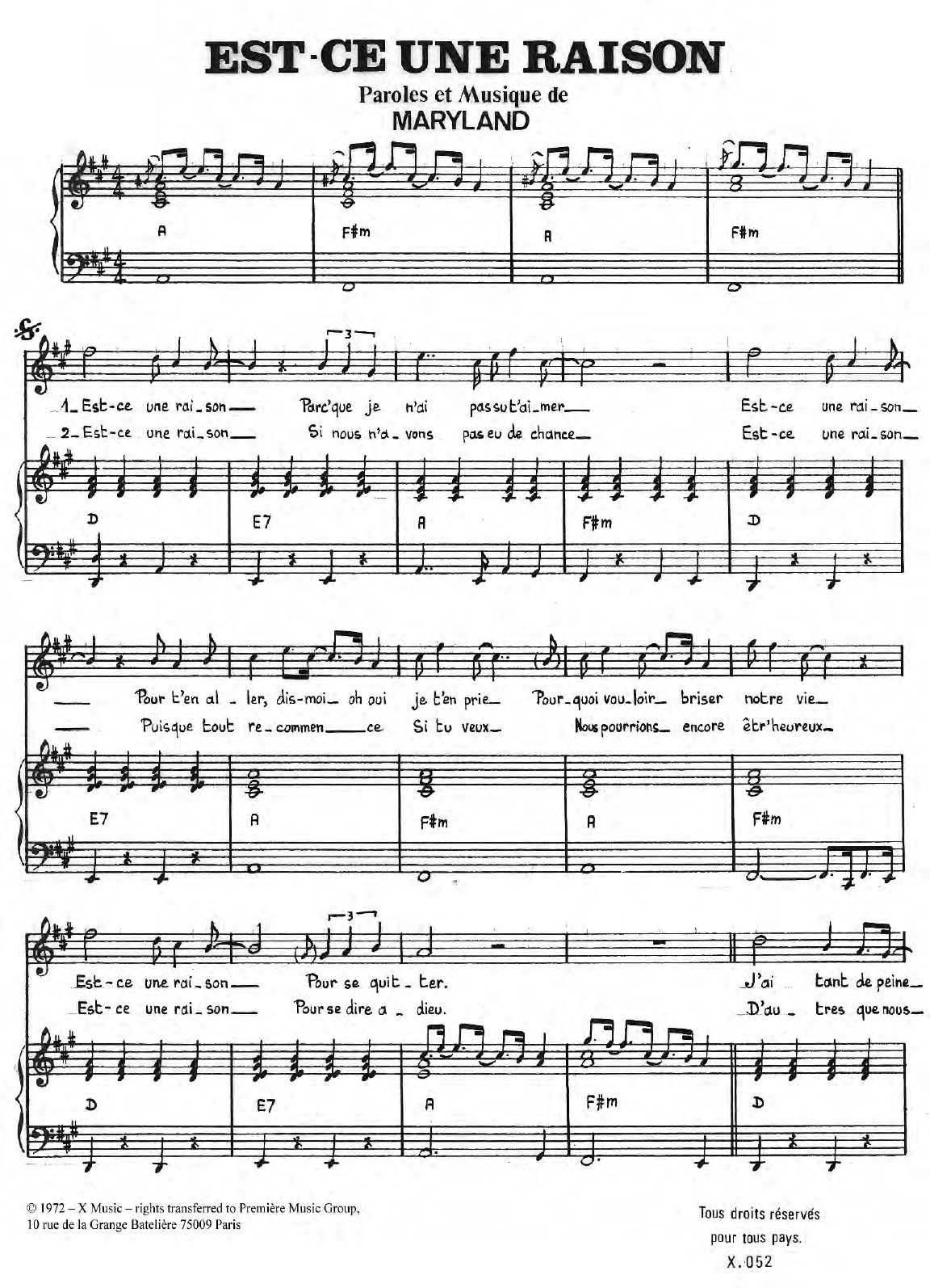 Maryland Est Ce Une Raison sheet music notes and chords arranged for Piano & Vocal