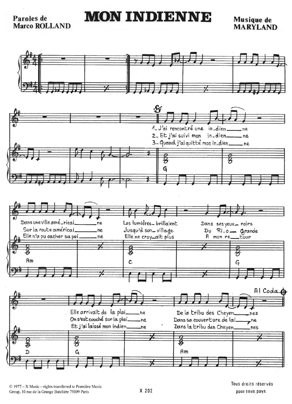 Maryland Mon Indienne sheet music notes and chords arranged for Piano & Vocal