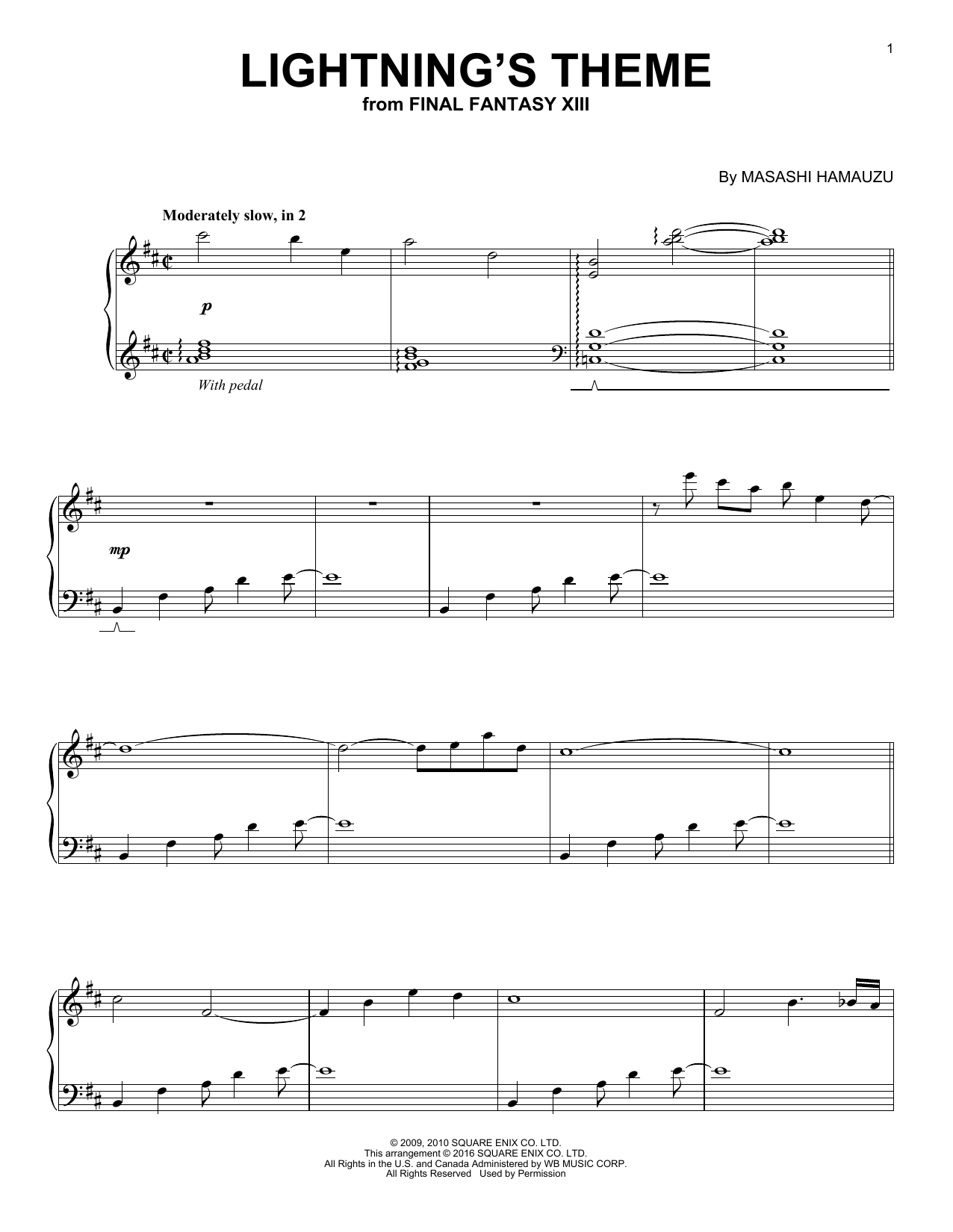 Masashi Hamauzu Lightning's Theme (from Final Fantasy XIII) sheet music notes and chords arranged for Easy Piano