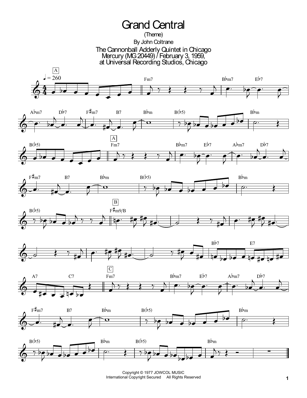 Masaya Yamaguchi Grand Central sheet music notes and chords arranged for Tenor Sax Transcription