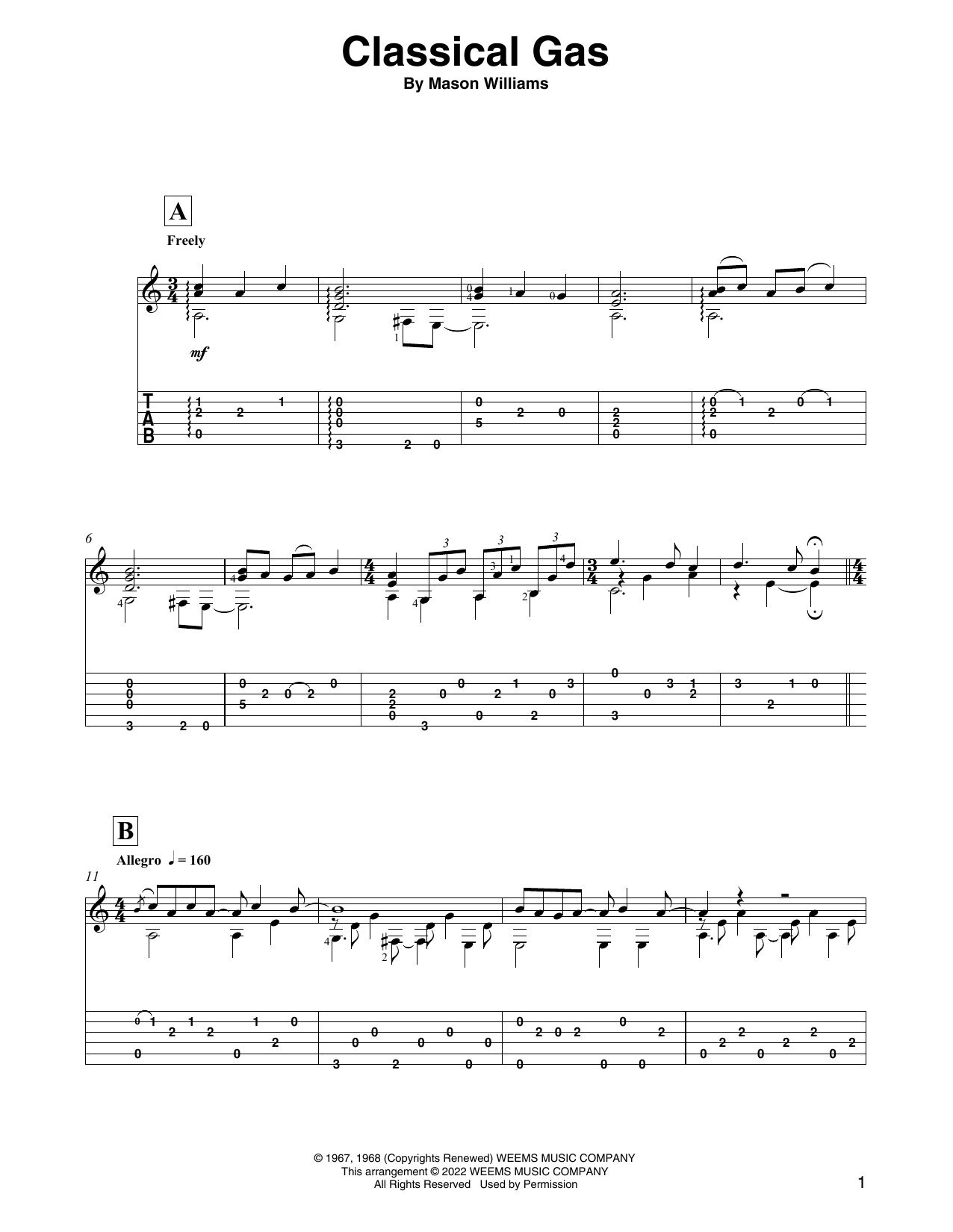 Mason Williams Classical Gas (arr. David Jaggs) sheet music notes and chords arranged for Solo Guitar