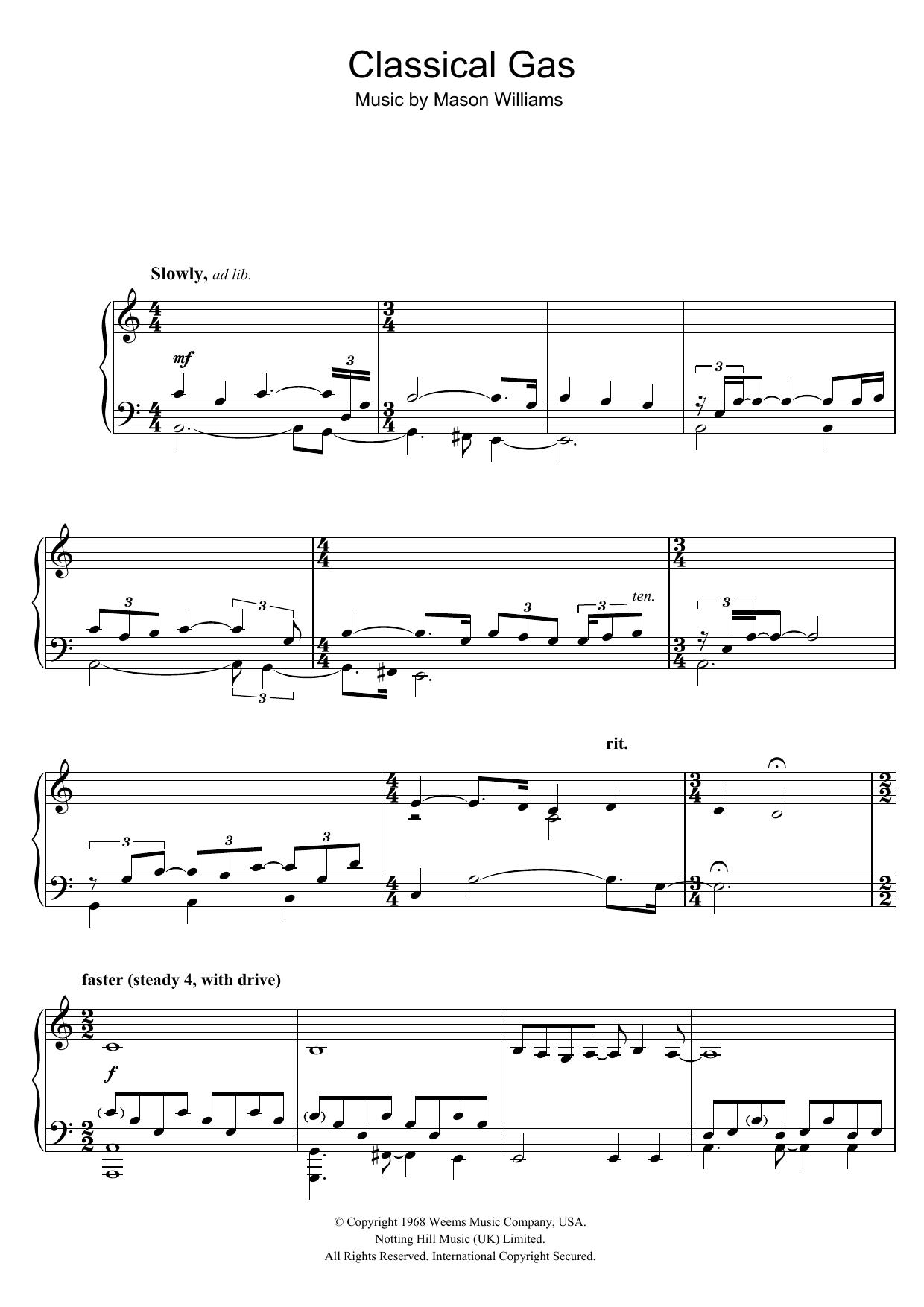 Mason Williams Classical Gas sheet music notes and chords arranged for Piano Solo