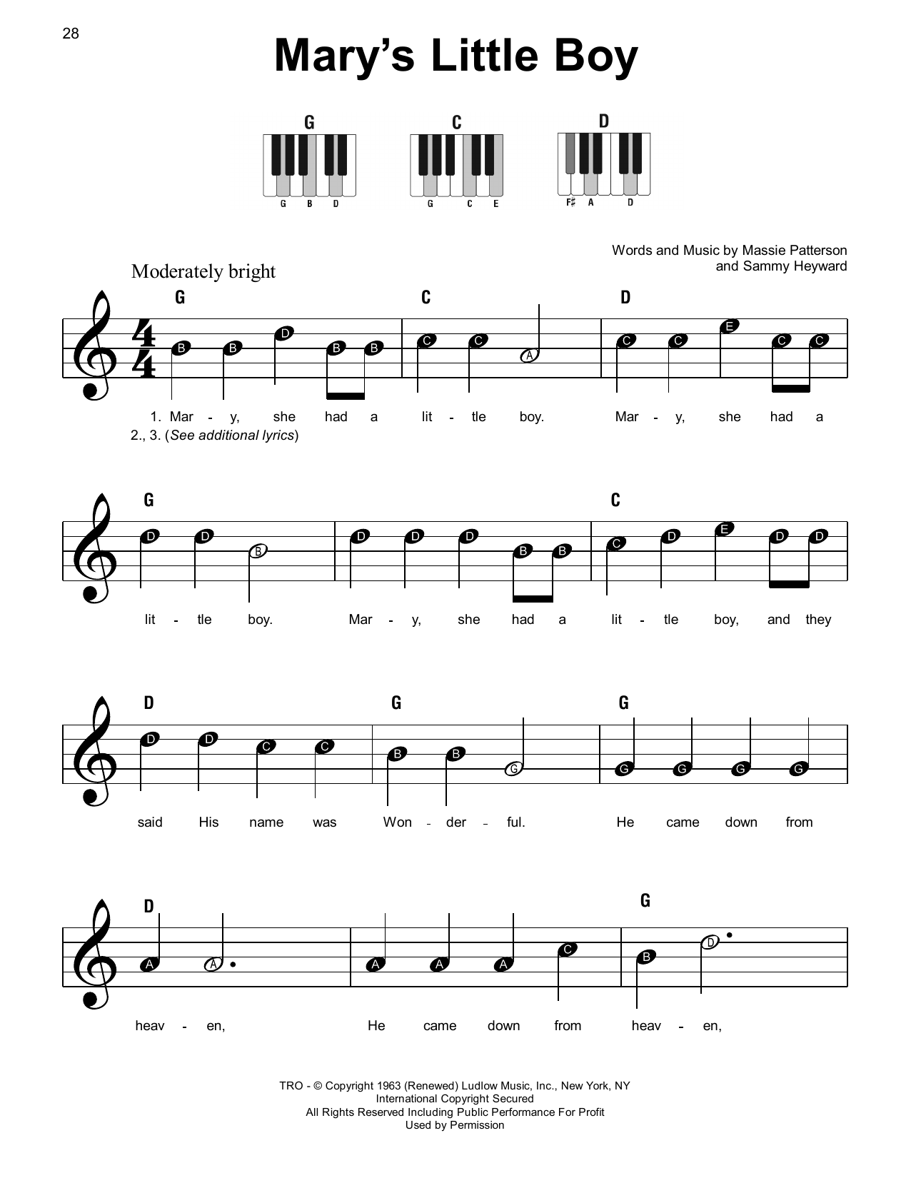 Massie Patterson Mary's Little Boy sheet music notes and chords arranged for Super Easy Piano