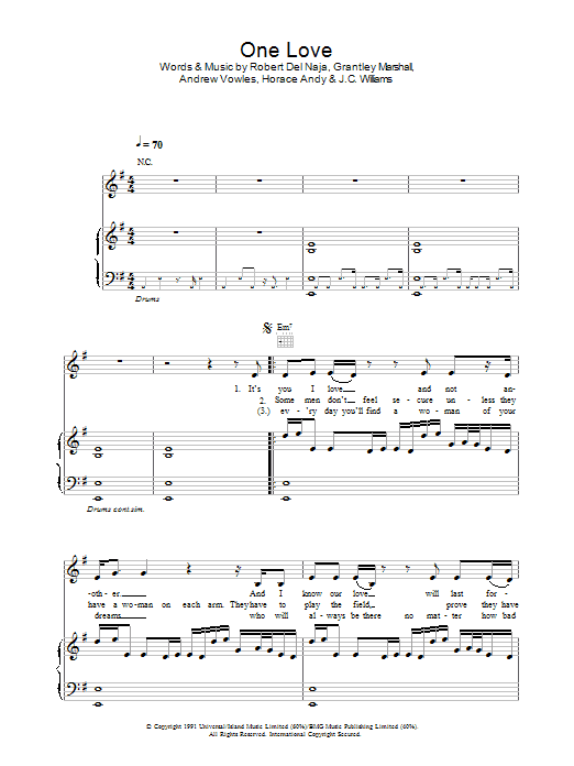 Massive Attack One Love sheet music notes and chords arranged for Piano, Vocal & Guitar Chords