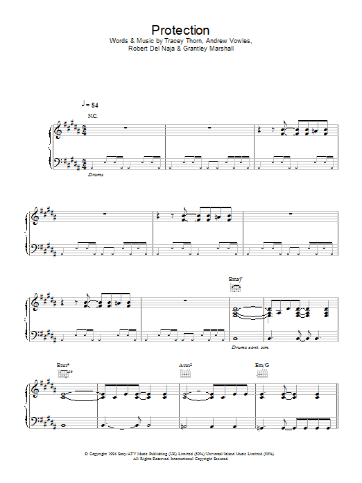 Massive Attack Protection sheet music notes and chords arranged for Piano, Vocal & Guitar Chords