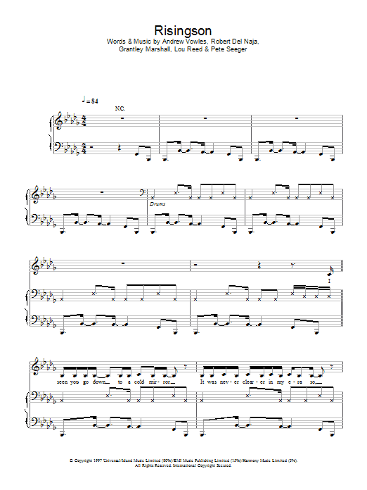 Massive Attack Risingson sheet music notes and chords arranged for Piano, Vocal & Guitar Chords