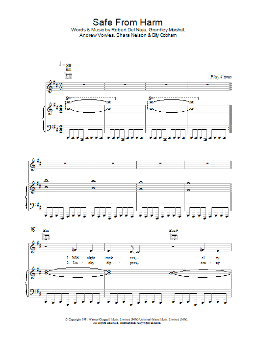 Massive Attack Safe From Harm sheet music notes and chords arranged for Piano, Vocal & Guitar Chords