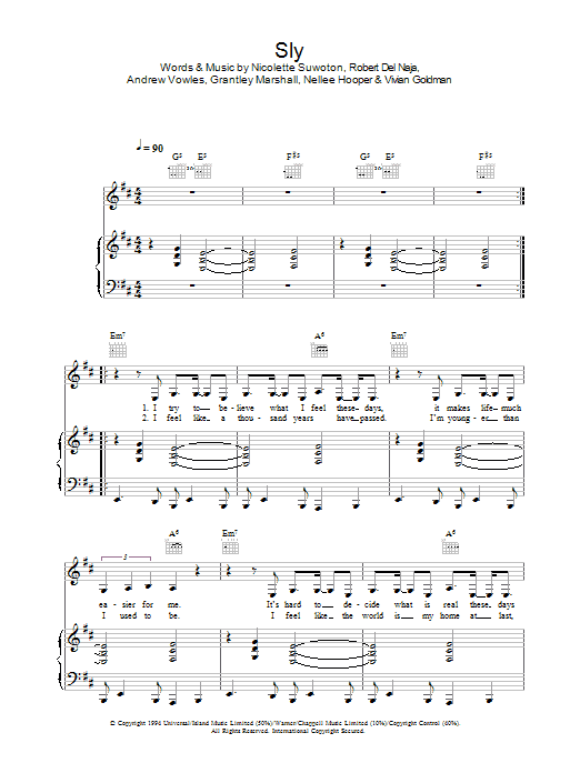 Massive Attack Sly sheet music notes and chords arranged for Piano, Vocal & Guitar Chords