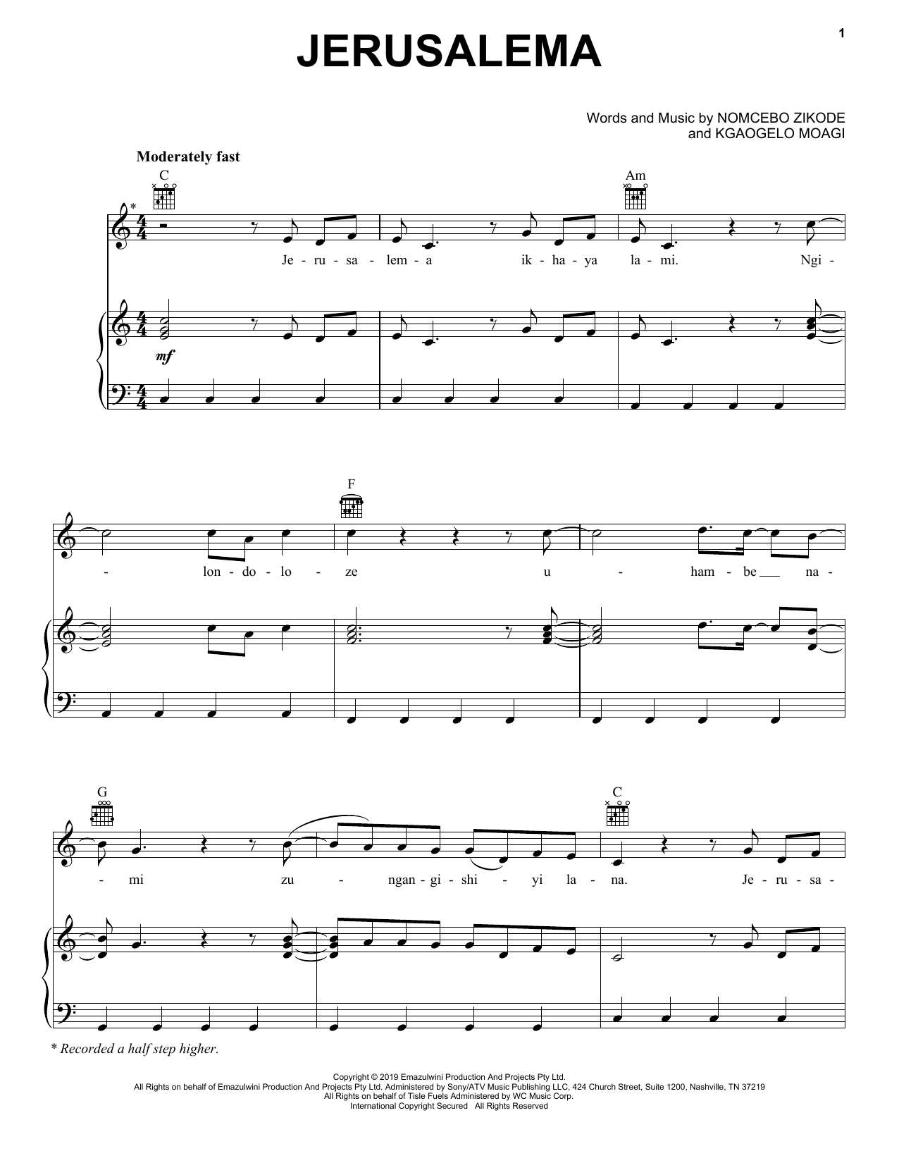 Master KG Jerusalema (feat. Nomcebo Zikode) sheet music notes and chords arranged for Piano, Vocal & Guitar Chords (Right-Hand Melody)