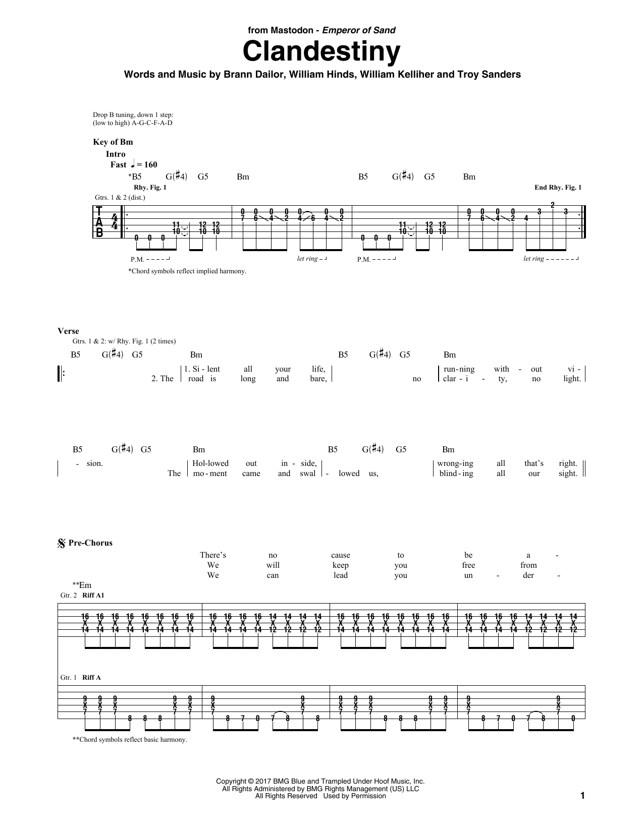 Mastodon Clandestiny sheet music notes and chords arranged for Guitar Rhythm Tab